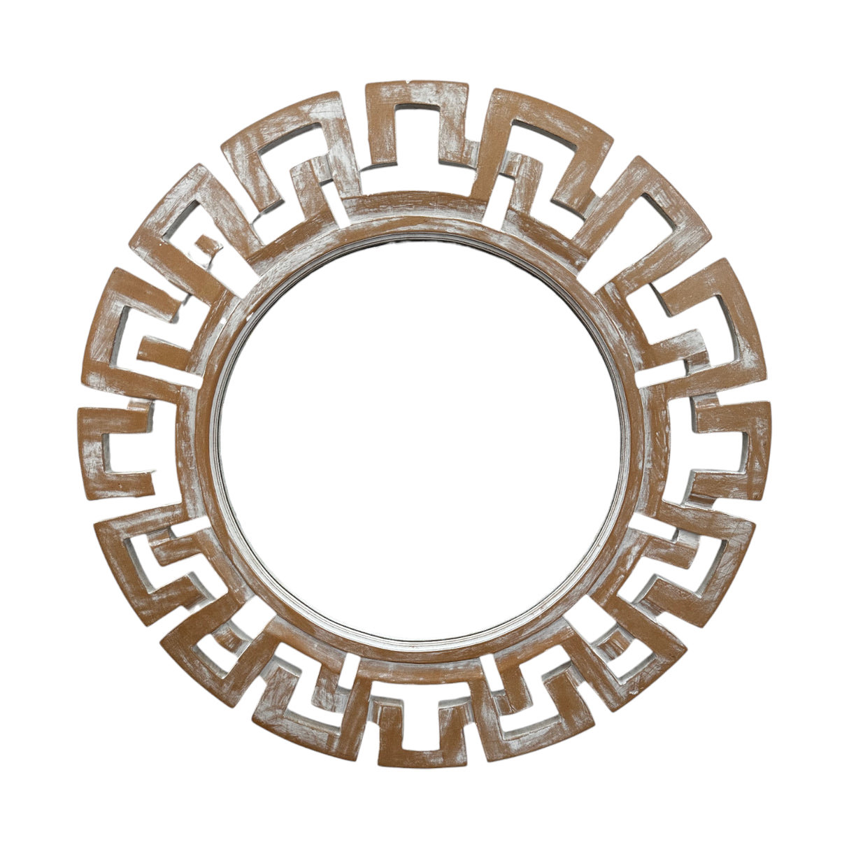 Round decorative wall mirror featuring a distressed natural wood geometric frame with a Greek key-inspired pattern, offering a modern rustic statement for contemporary interiors.
