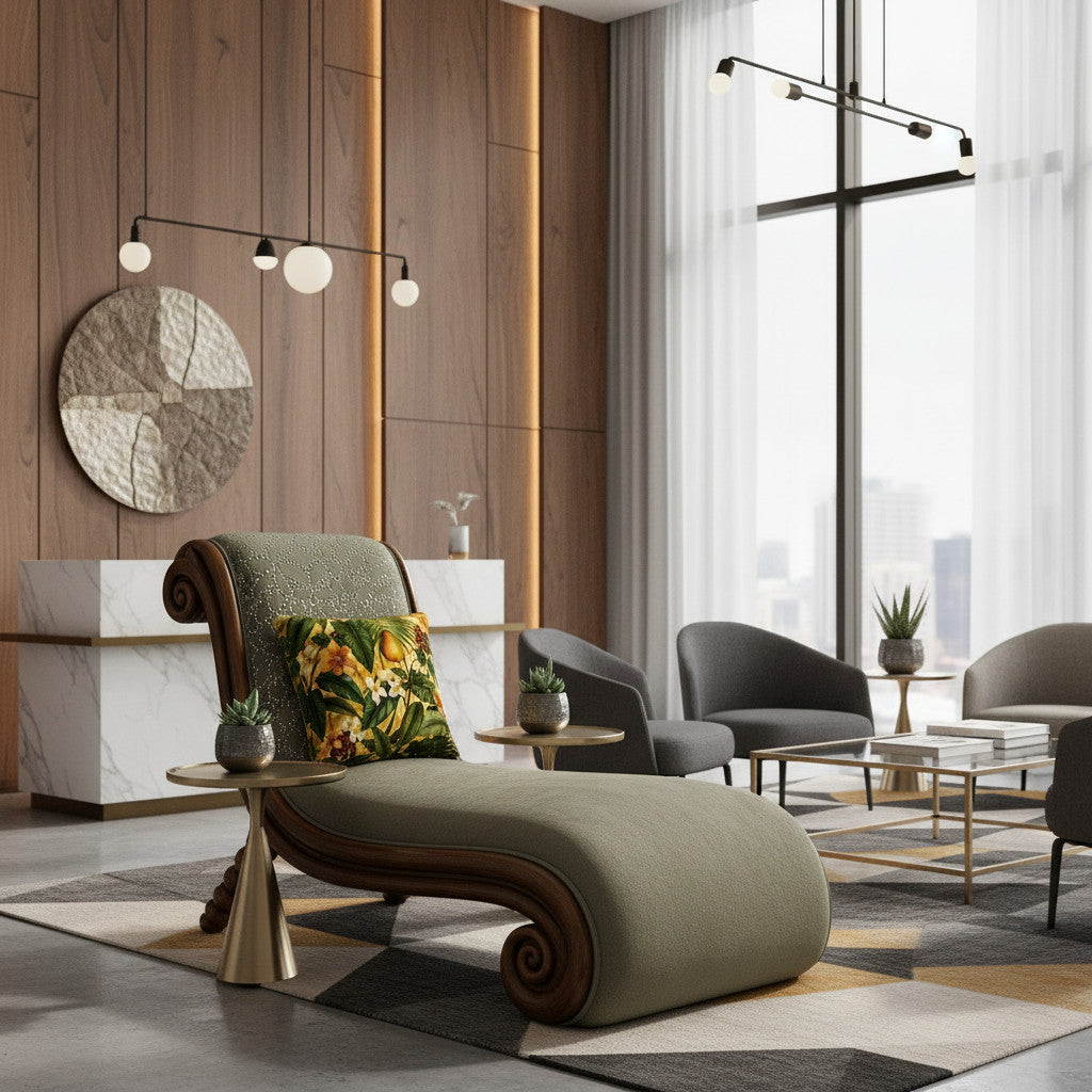 Elegant chaise lounge featuring a hand-carved dark wood frame with graceful scroll ends, soft sage green upholstery, and a gently curved silhouette. Styled with a botanical accent cushion, this luxurious statement piece is perfect for classic, contemporary, and luxury living spaces.