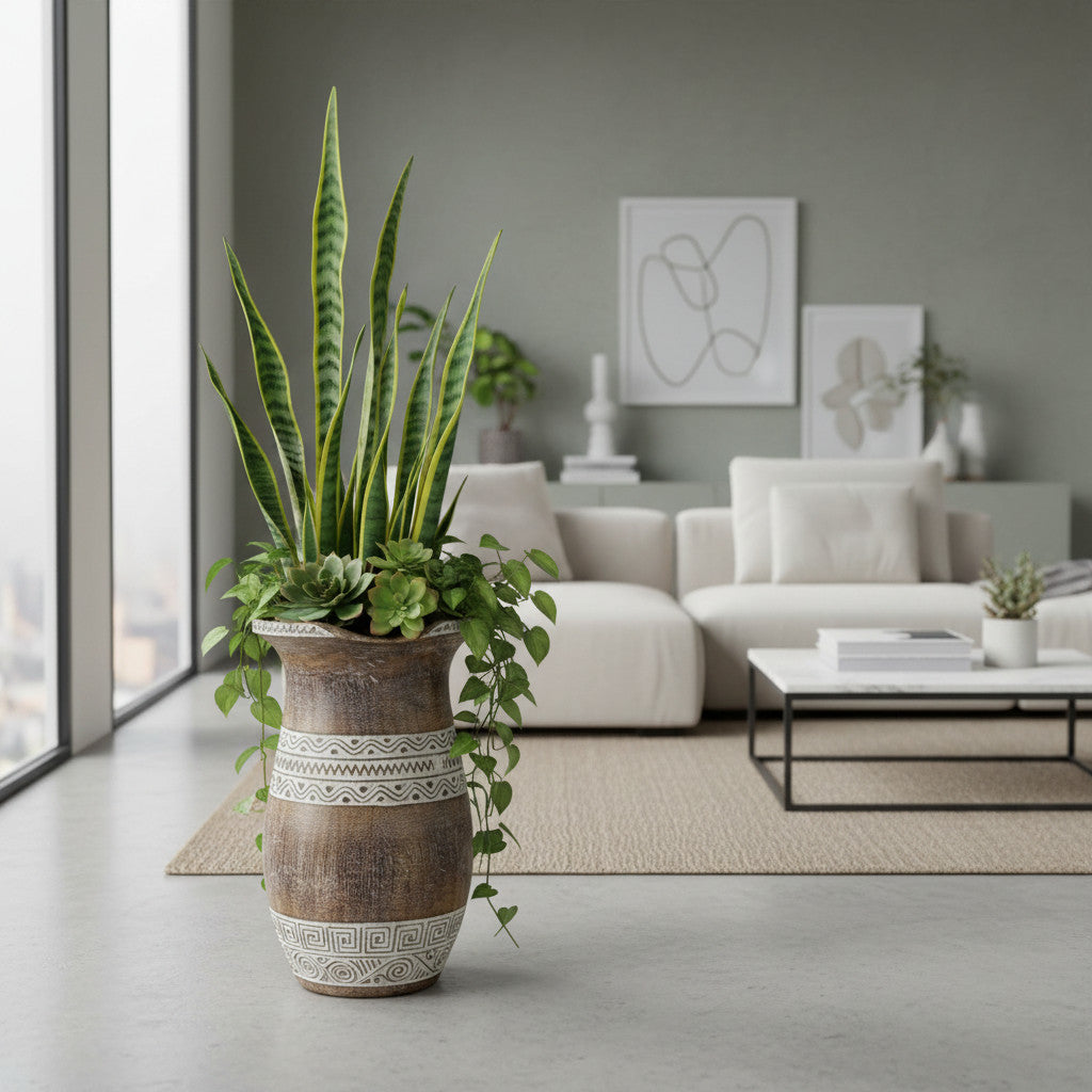 Hand Carved Flared Top Vase | 61cm, Wood, White Carvings