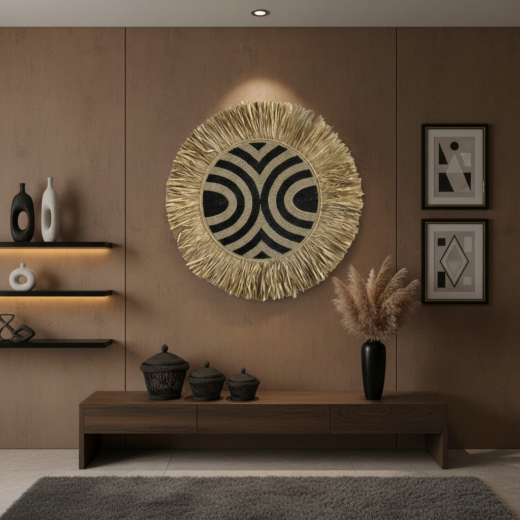 Beaded Geometric Wall Decoration | 70cm, Black & Natural