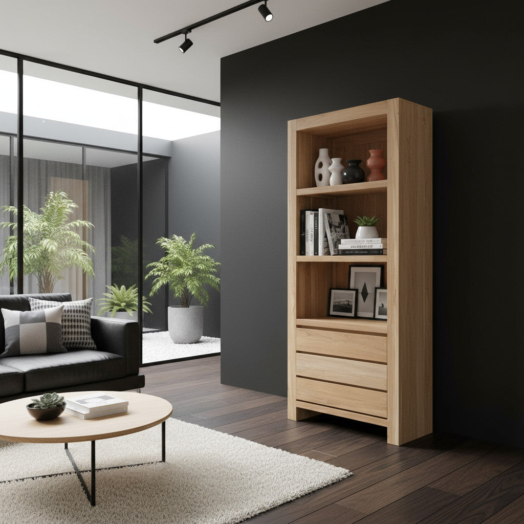 BOOKCASE WITH 3 DRAWERS | NATURAL TEAK | LARGE