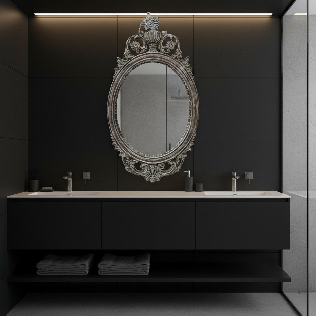 Oval Wooden Frame Mirror | Silver Wash