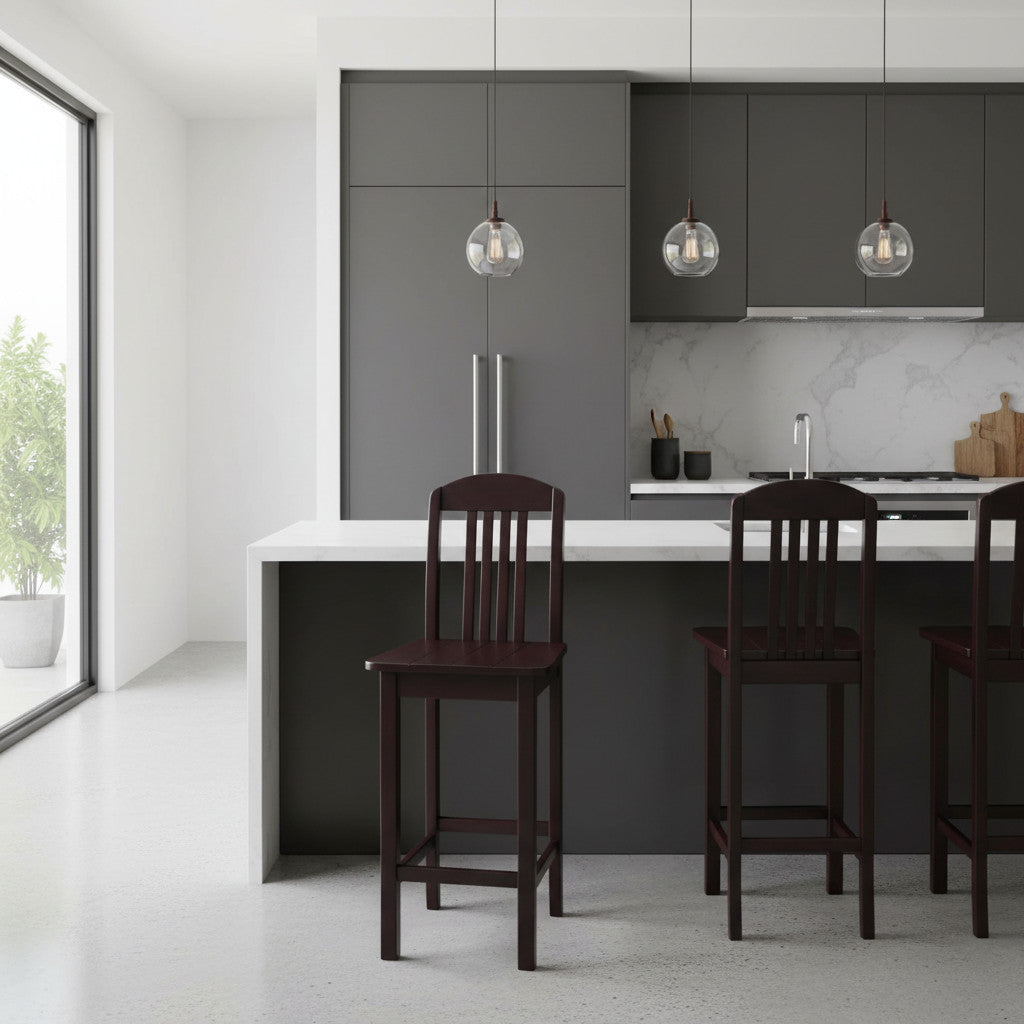 BAR CHAIR WITH BACK | DARK STAINED BROWN SOLID WOOD