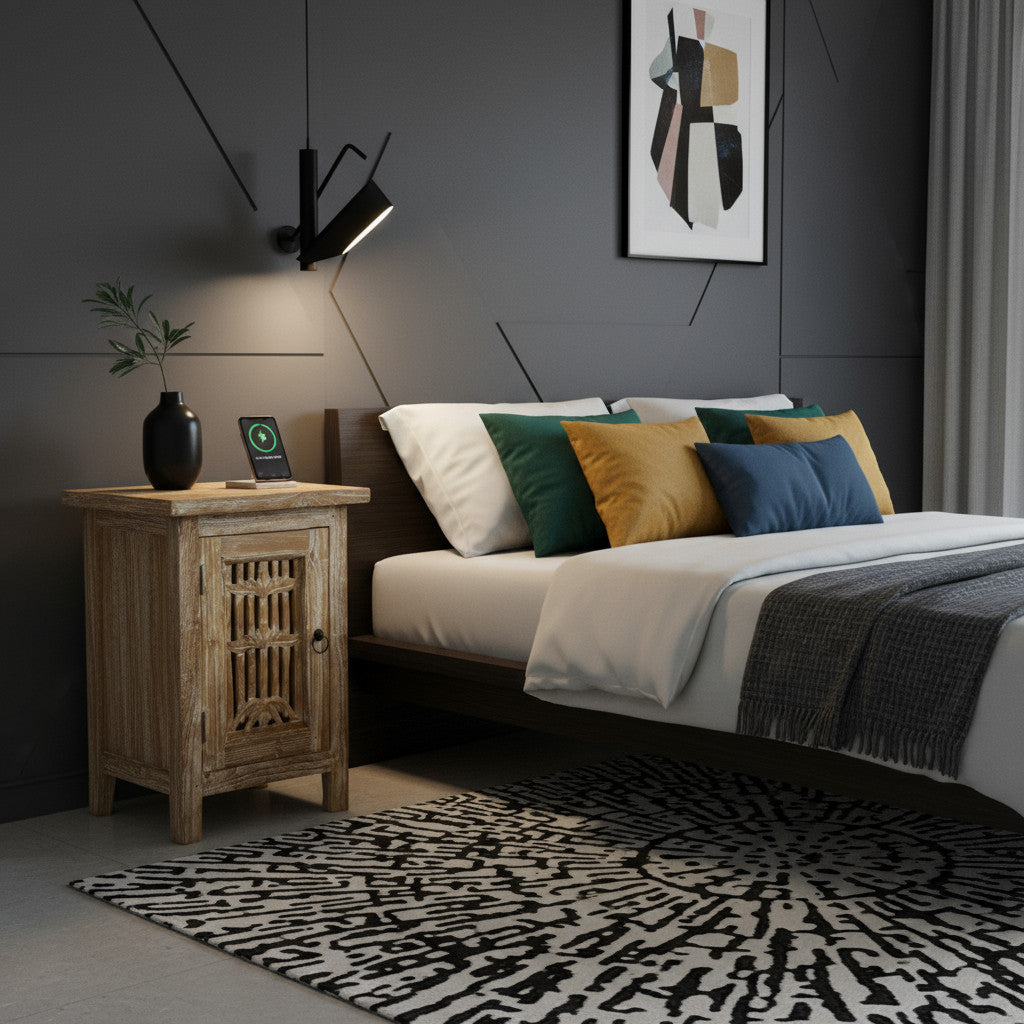 Wooden Bed Side | Slate, Washed