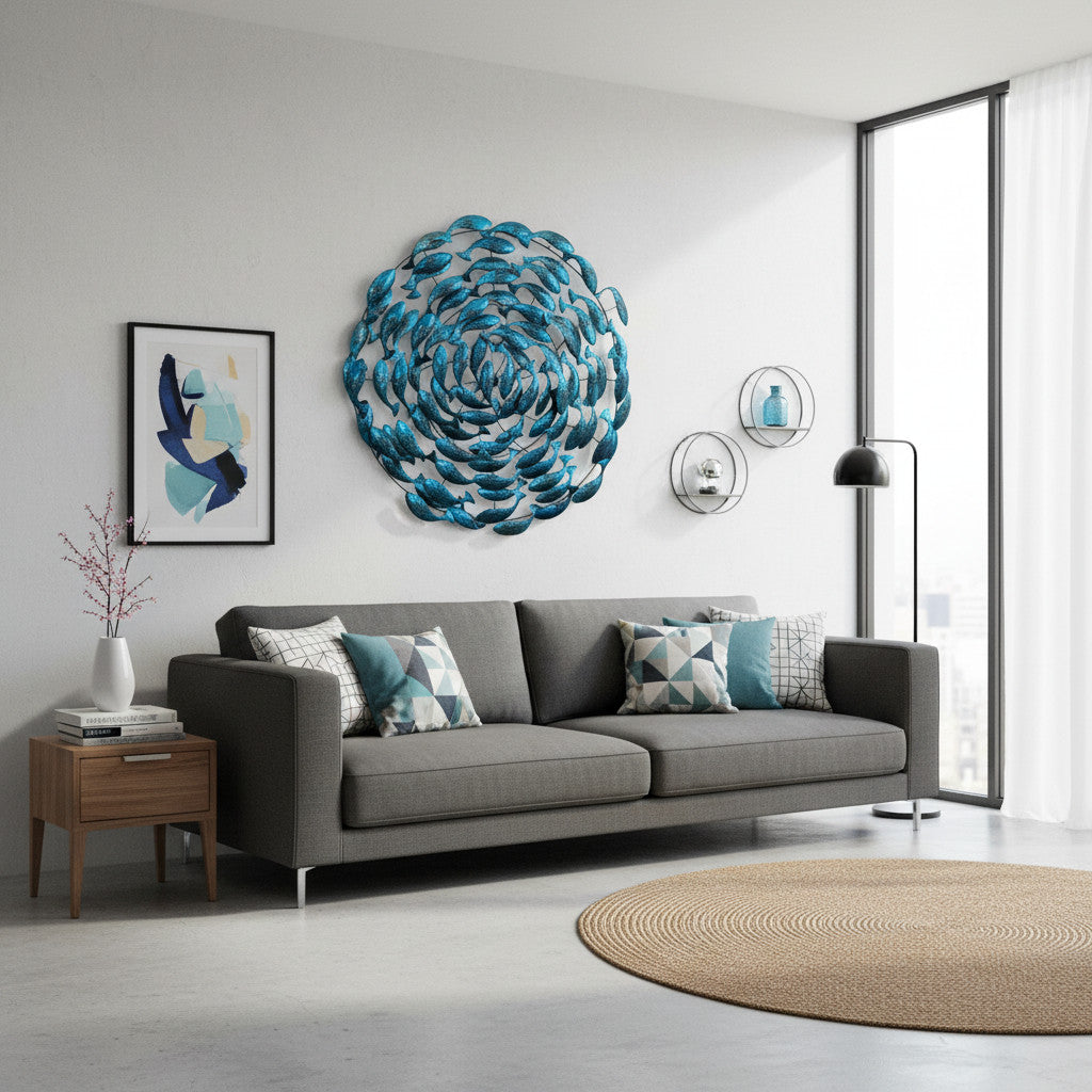 Round Iron Fish Wall Hanging | Blue