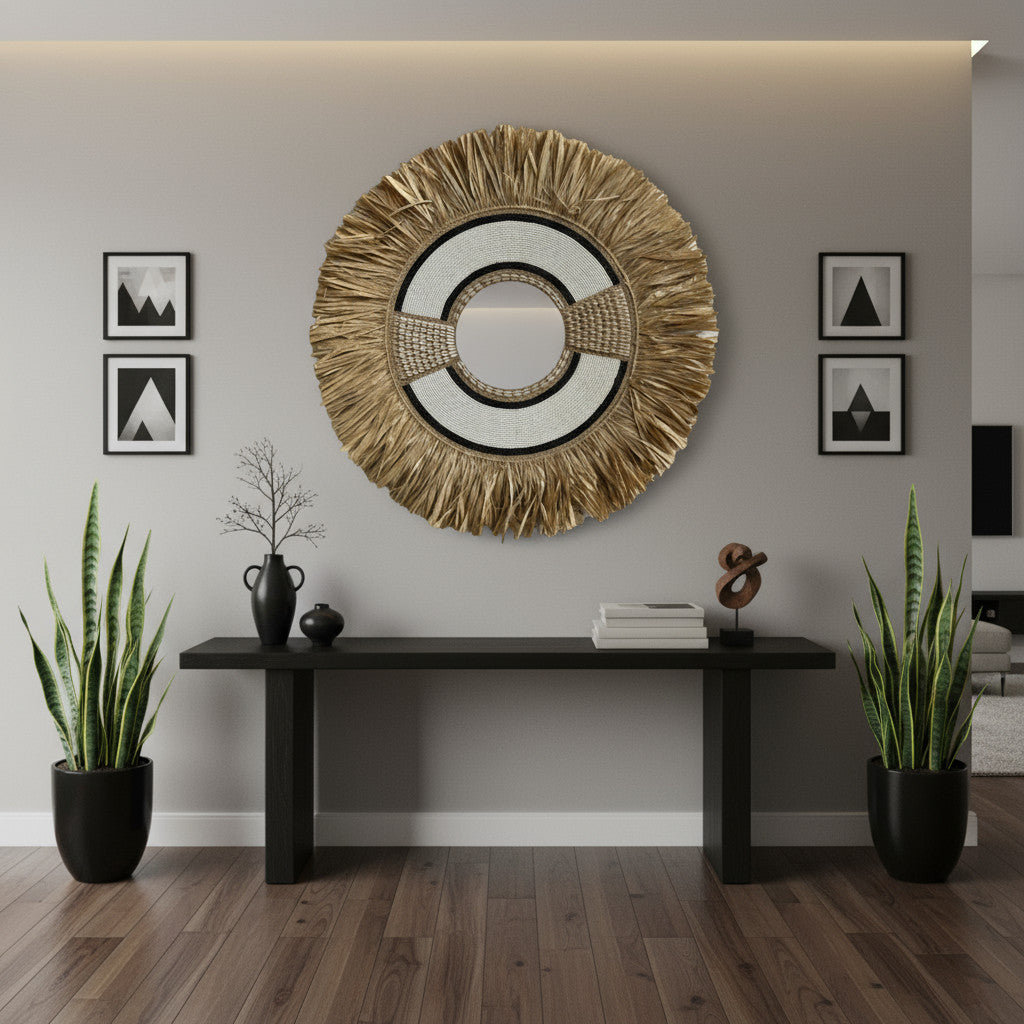 Natural Frame Mirror | Beaded White & Black, Woven 70cm