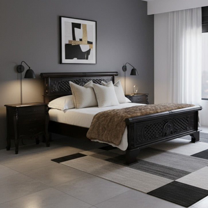 Peluru Queen Wooden Full Bed | Ebony