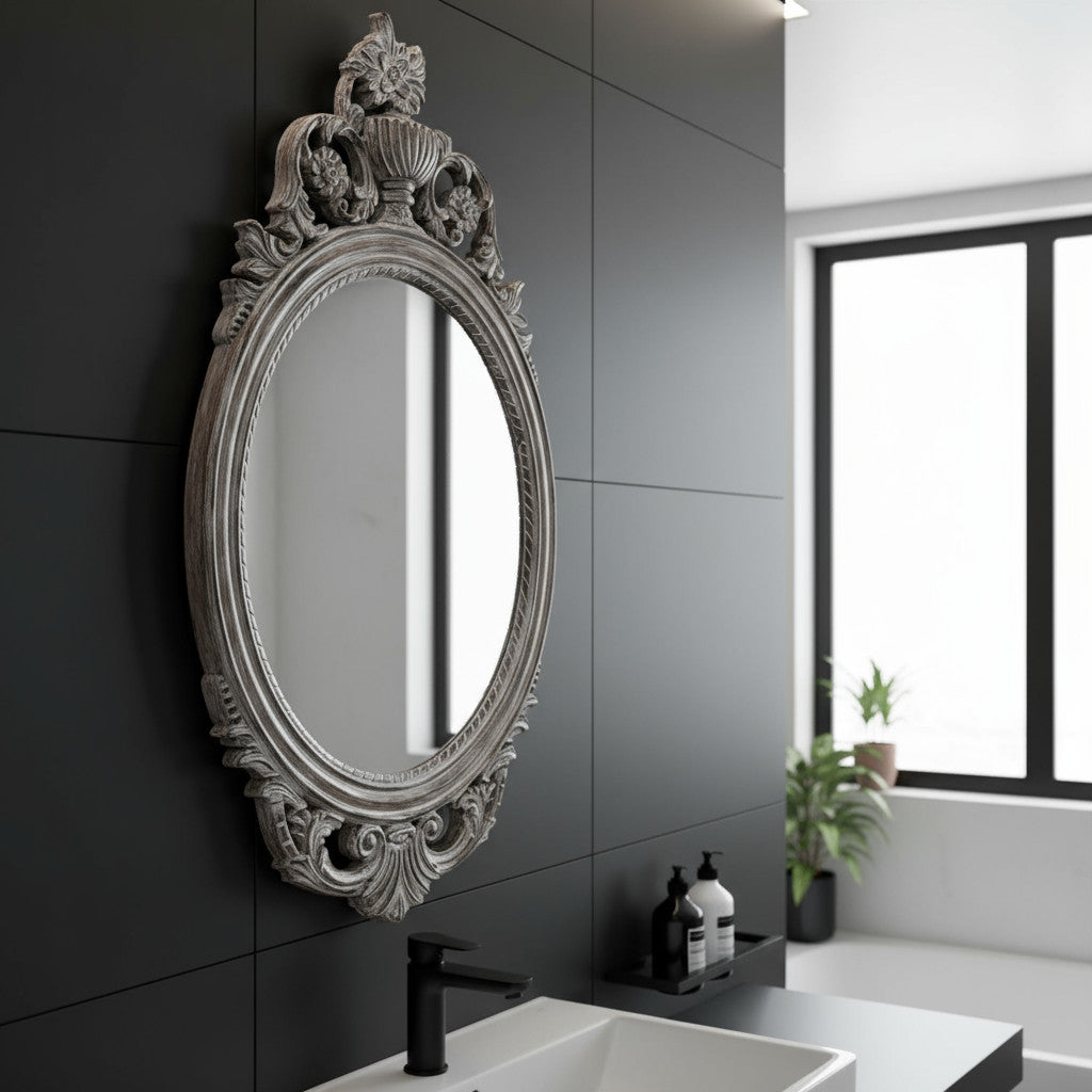 Oval Wooden Frame Mirror | Silver Wash