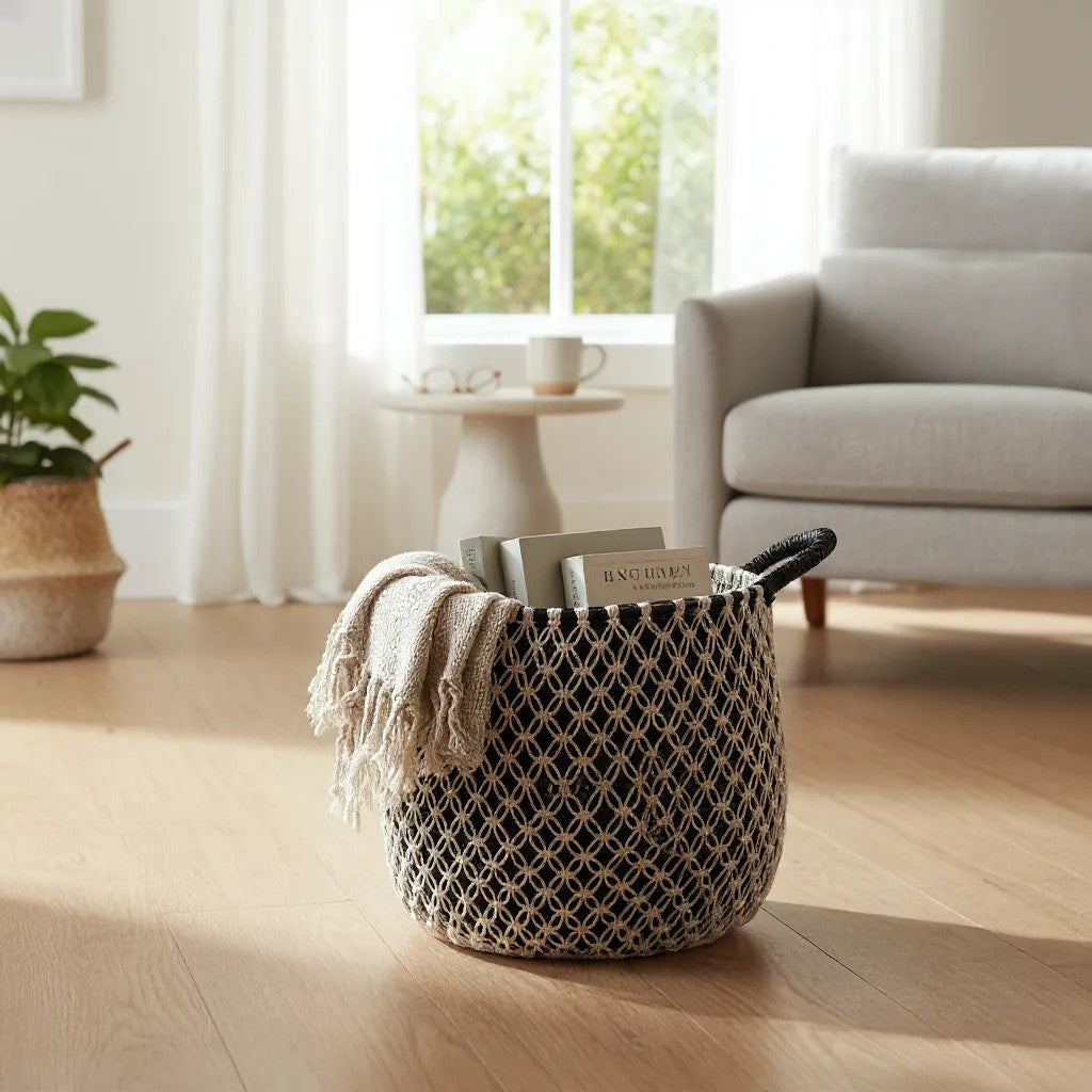 Woven Basket with Interlocking Net Pattern | Black, White 47cm