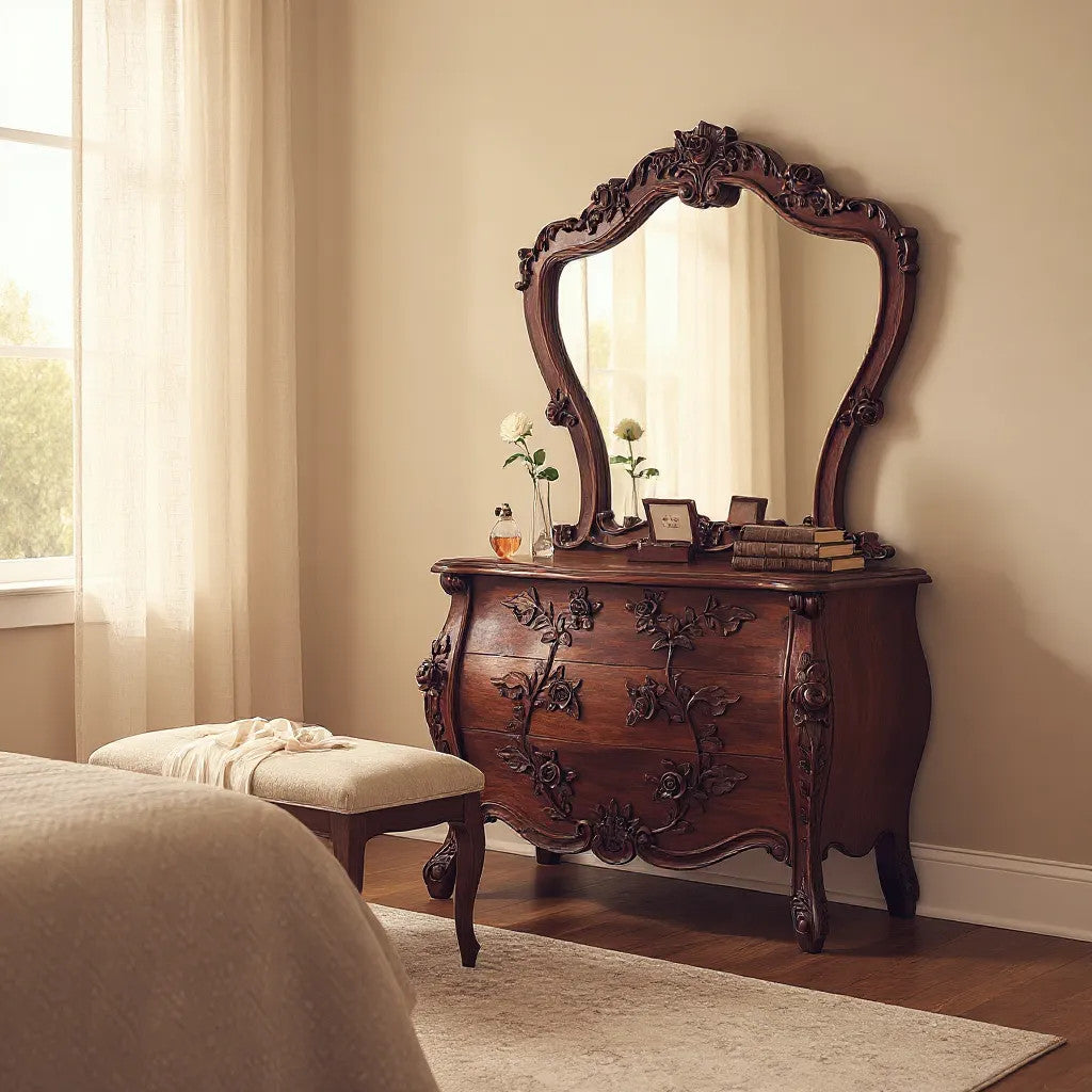 Console Dresser with Roses Framed Mirror | Natural Set of 2