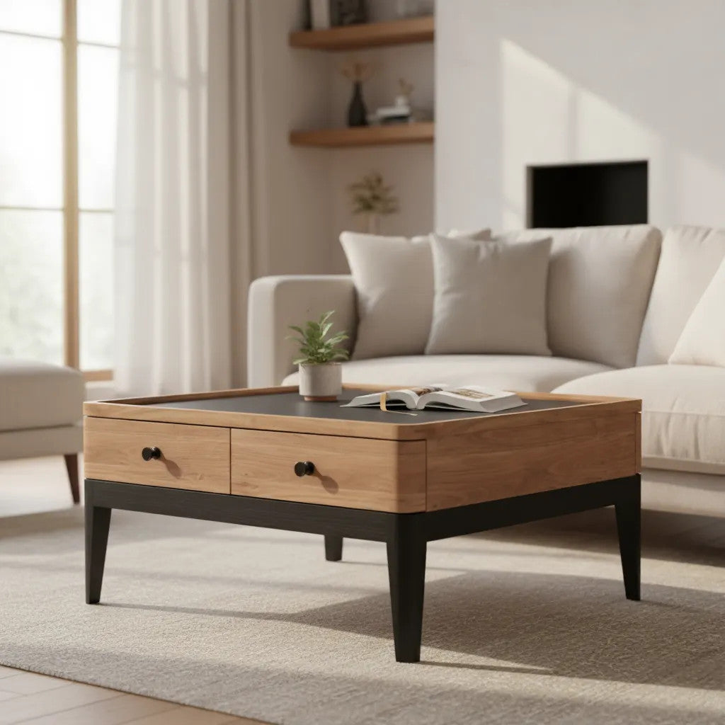 2 Drawer Coffee Table | Acacia Wood 80x80x40cm