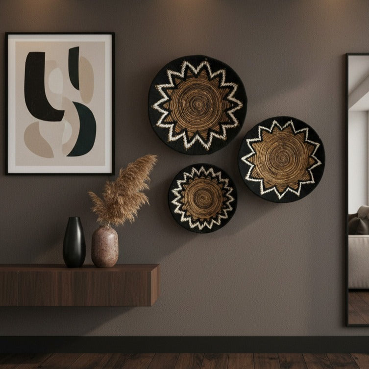 Flower Weave Wall Decorations | Black, Natural Set of 3
