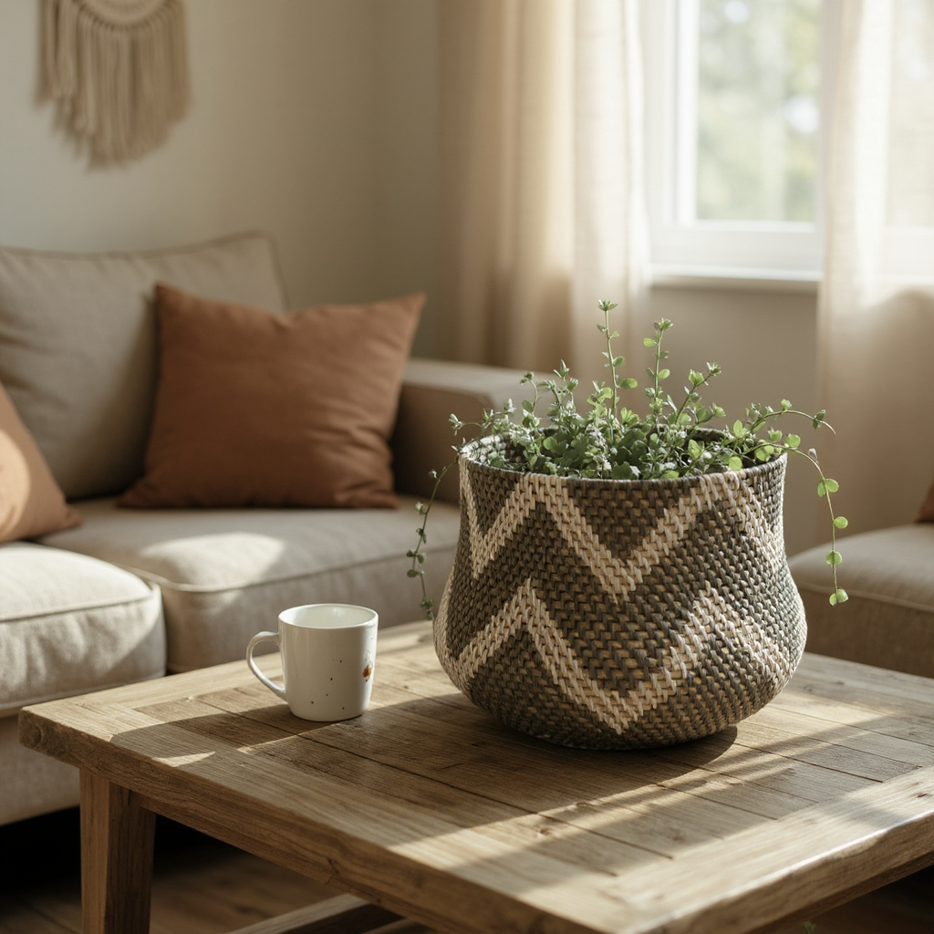 Handwoven Zigzag Basket | White, Dark Grey