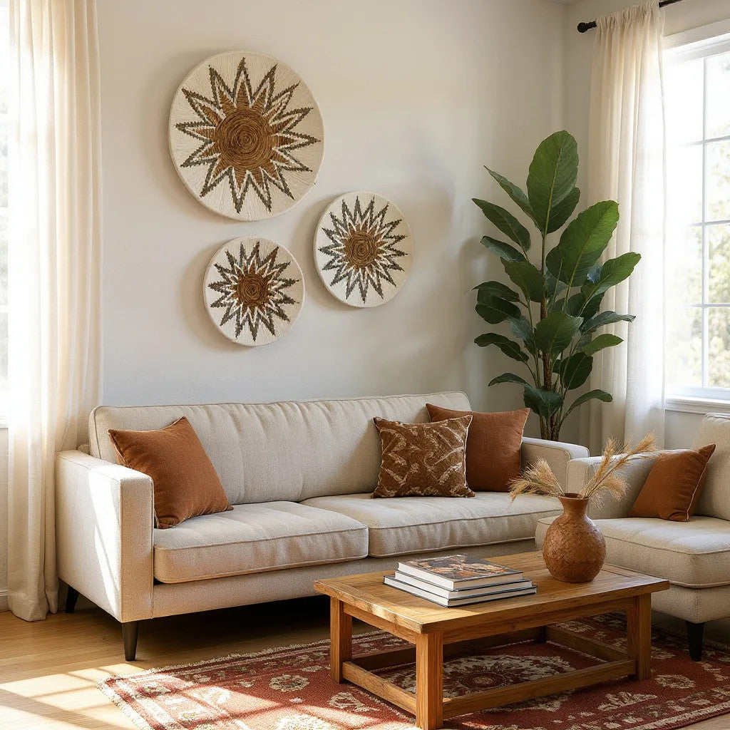 Flower Weave Wall Decorations | White, Natural Set of 3