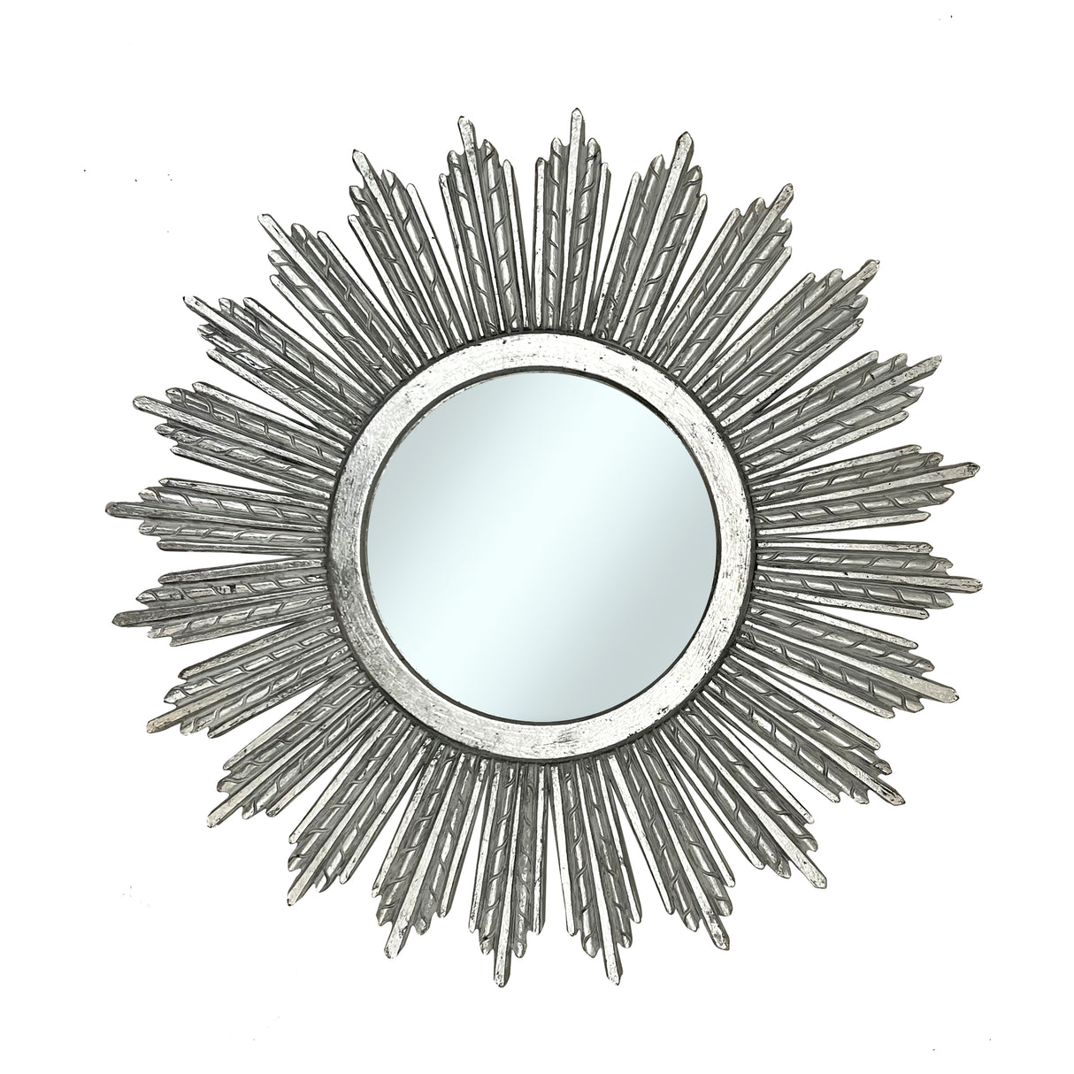 Decorative round wall mirror with an antique silver radiating sunburst frame featuring long textured rays and a distressed metallic finish, creating an elegant statement for classic and contemporary interiors.