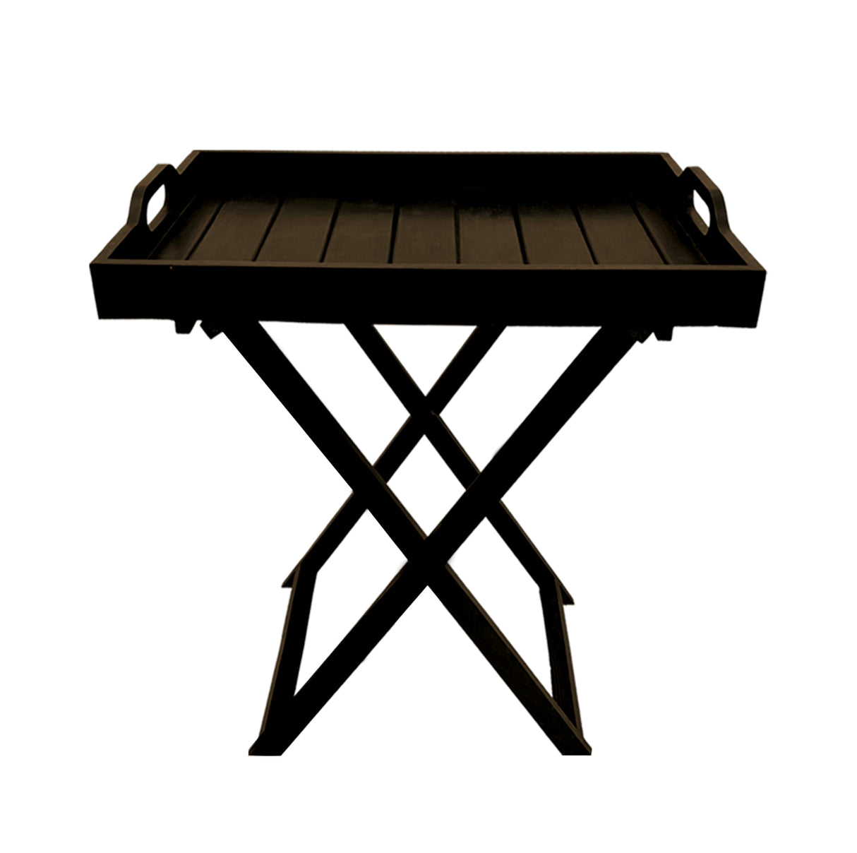 Modern black folding butler tray table with integrated side handles, a slatted rectangular serving tray, and collapsible crossed legs, ideal for serving, entertaining, or decorative styling.