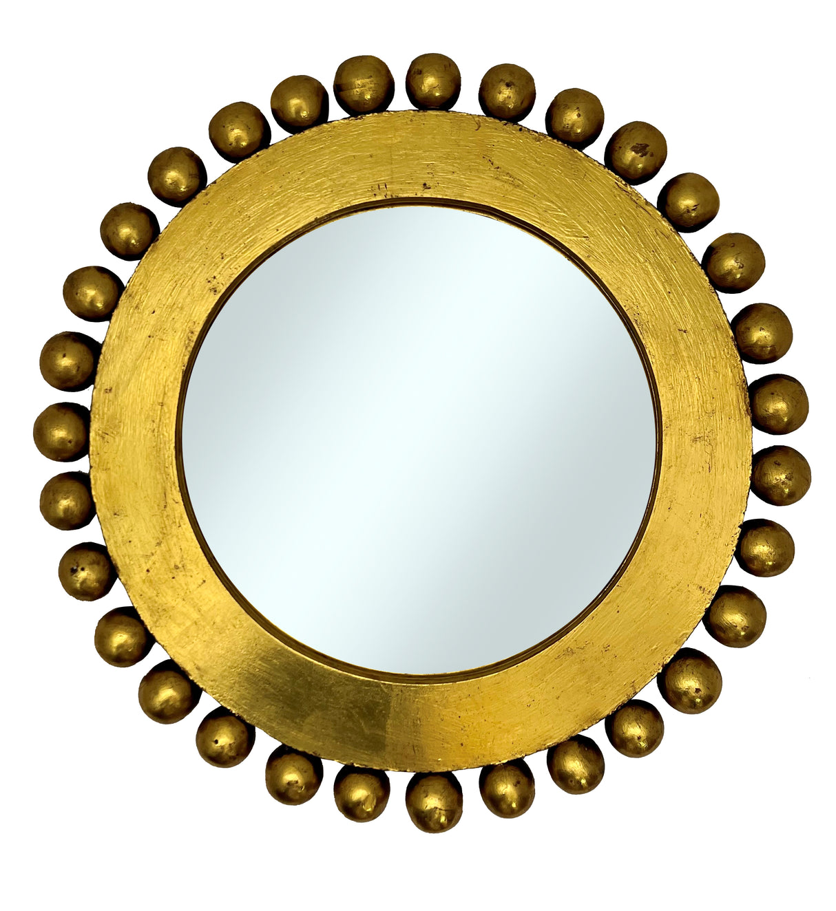 Decorative round wall mirror with a brushed antique gold frame featuring raised beaded edging and a warm metallic finish, bringing timeless elegance to classic and contemporary interiors.