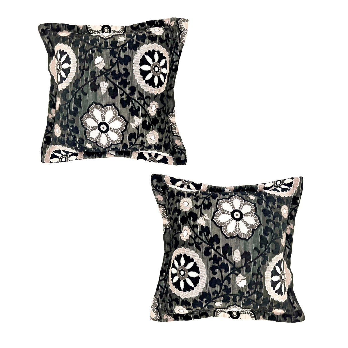 Set of two luxury square scatter cushions featuring an elegant charcoal, ivory, and grey floral medallion pattern with a textured woven finish, perfect for adding timeless sophistication to sofas, armchairs, or beds.