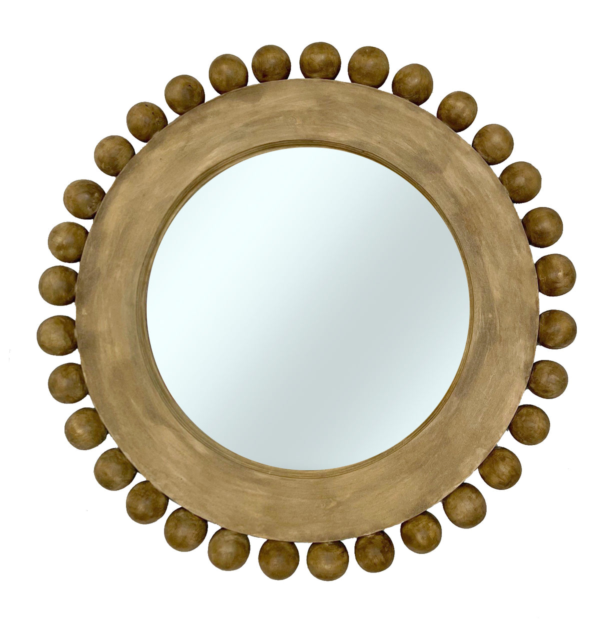 Decorative round wall mirror with a natural wood frame featuring raised beaded edging and a warm light oak finish, adding organic charm and timeless style to any interior.