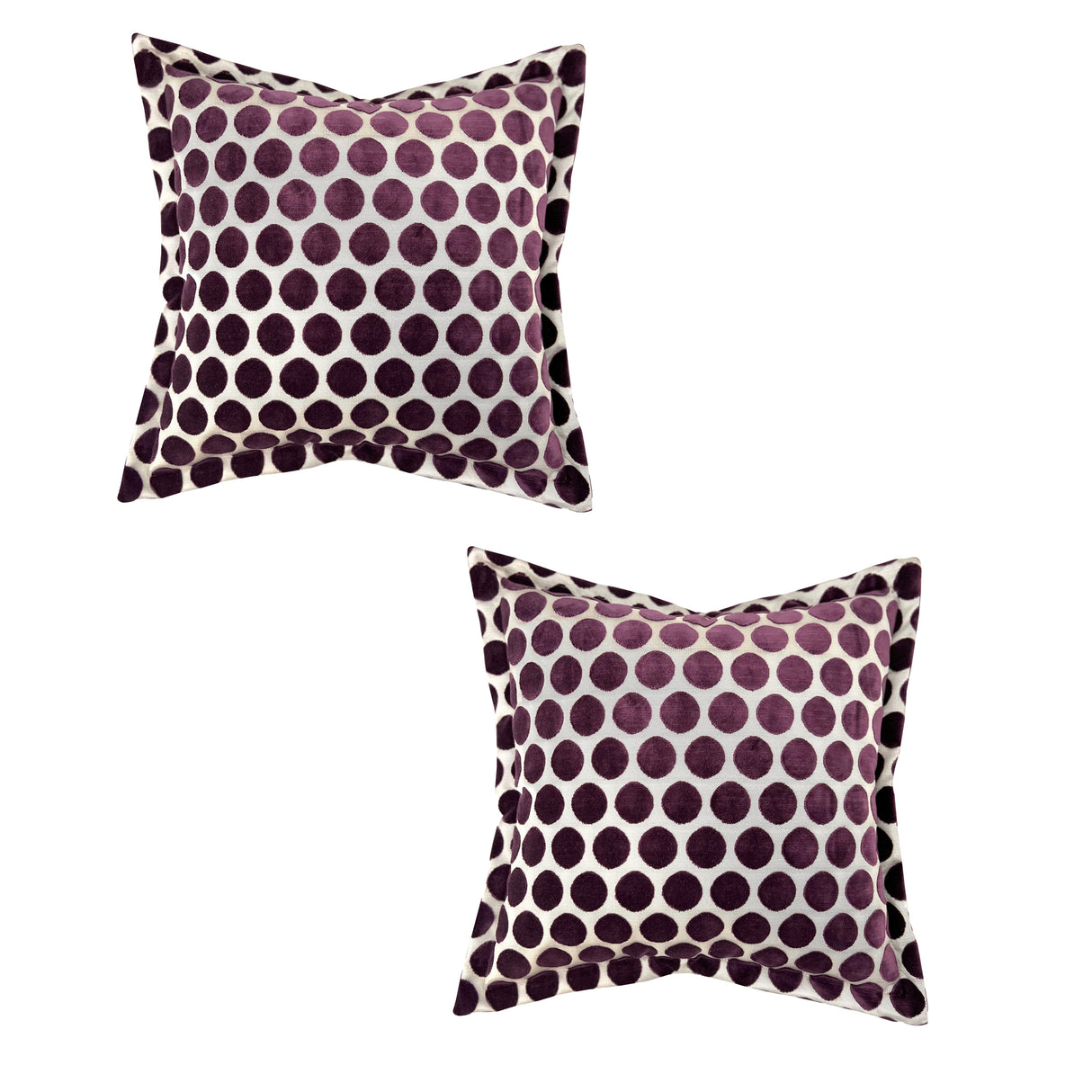 Set of two luxury square velvet scatter cushions featuring a textured plum purple polka dot pattern on a soft neutral background, adding a playful yet elegant accent to sofas, armchairs, or beds.