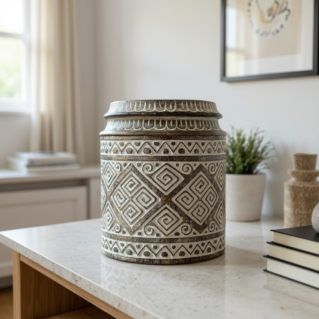 Wooden Pot | Greek Pattern Thick Lid