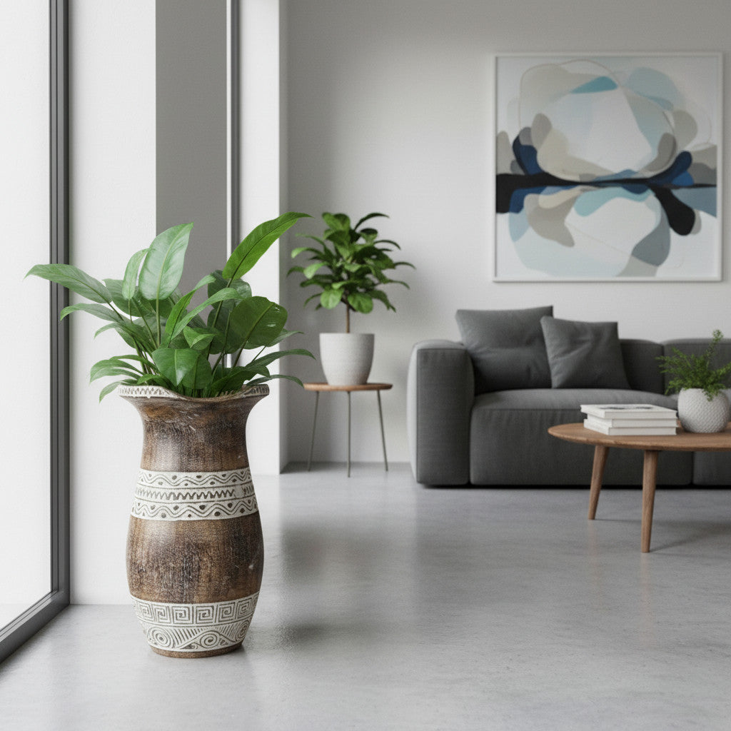 Hand Carved Flared Top Vase | 61cm, Wood, White Carvings