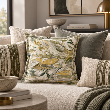 A square decorative throw pillow with a botanical leaf pattern in olive green, mustard yellow, and cream, styled on a textured beige sofa alongside other neutral-toned cushions.
