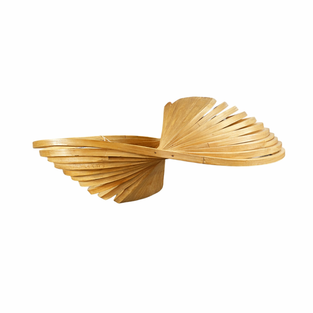 Abstract sculptural pendant light featuring two intersecting leaf-inspired panels with a brushed metallic finish and integrated LED illumination. A striking statement ceiling light for modern, luxury, contemporary, and designer interiors.