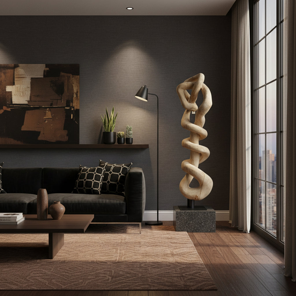 Handcrafted abstract floor sculpture carved from solid natural wood, featuring an elegant twisting ribbon design mounted on a sturdy stone base. A contemporary statement décor piece that adds artistic sophistication to living rooms, entryways, boutique hotels, offices, or luxury interiors.