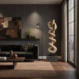 Handcrafted abstract floor sculpture carved from solid natural wood, featuring an elegant twisting ribbon design mounted on a sturdy stone base. A contemporary statement décor piece that adds artistic sophistication to living rooms, entryways, boutique hotels, offices, or luxury interiors.