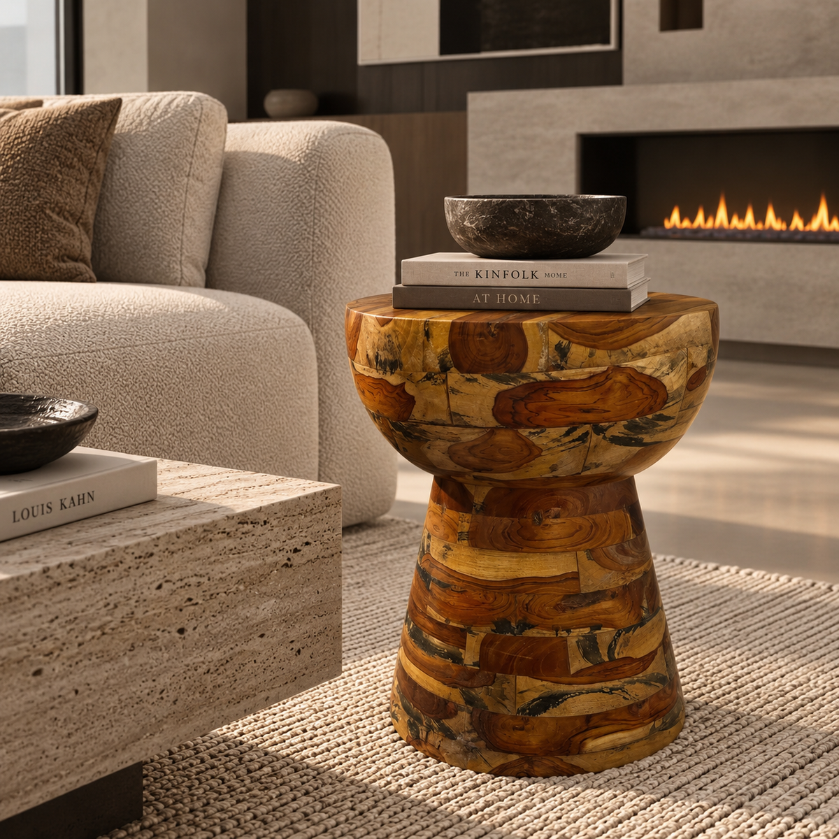 A sculptural side table with a tiered base and a wide top, featuring a hand-painted wood pattern in warm brown, gold, and orange tones. The table is styled in a modern living room setting with books and a bowl on top.