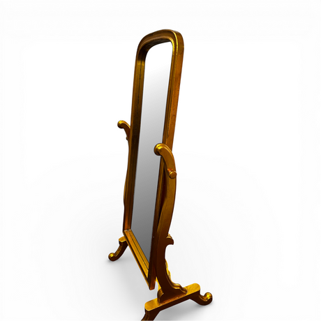 Antique gold freestanding cheval floor mirror featuring an elegant arched frame with a classic adjustable tilt stand and full-length mirror. This timeless statement mirror is perfect for bedrooms, dressing rooms, walk-in wardrobes, and living spaces, complementing traditional, vintage, luxury, and contemporary interiors.