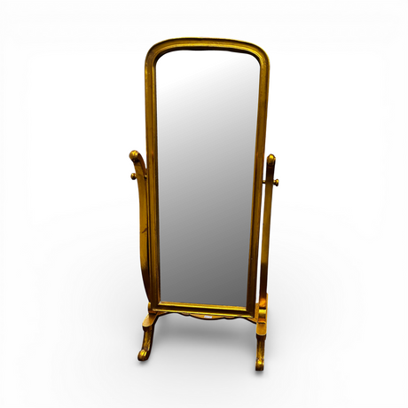 Antique gold freestanding cheval floor mirror featuring a graceful arched frame, adjustable tilt mechanism, and elegant full-length mirror. This timeless dressing mirror adds classic sophistication to bedrooms, dressing rooms, walk-in wardrobes, and living spaces, complementing traditional, vintage, luxury, and contemporary interiors.