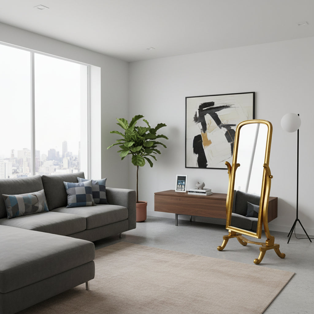 Antique gold freestanding floor mirror featuring an elegant arched frame with a classic adjustable cheval stand. Perfect for bedrooms, dressing rooms, walk-in closets, and living spaces, this statement mirror complements traditional, vintage, luxury, and contemporary interiors.