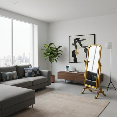 Antique gold freestanding floor mirror featuring an elegant arched frame with a classic adjustable cheval stand. Perfect for bedrooms, dressing rooms, walk-in closets, and living spaces, this statement mirror complements traditional, vintage, luxury, and contemporary interiors.