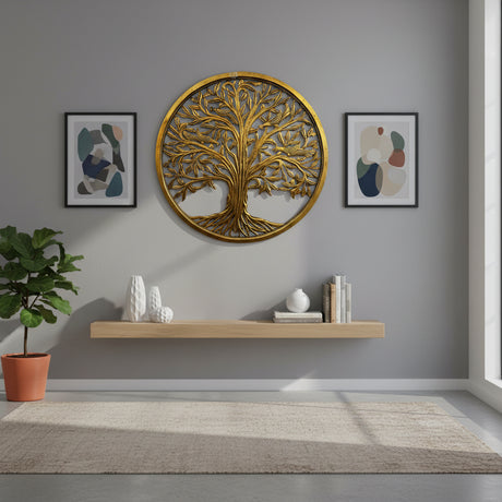 Round Tree of Life wall décor crafted from carved wood with an antique gold finish, featuring intricate branches and roots for a luxurious statement piece in living rooms, dining rooms, offices, or entryways.