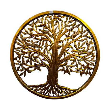 Round Tree of Life wall art panel crafted from carved wood with an antique gold finish, featuring intricately detailed branches and roots within a circular frame, ideal for creating a luxurious focal point in living rooms, dining rooms, hallways, or offices.