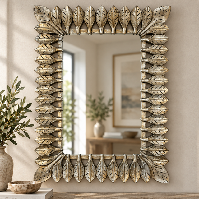 A rectangular wall mirror with an ornate leaf-patterned frame in a distressed gold finish, styled on a wooden console table next to a potted olive branch and a small bowl, with a softly blurred living room background visible in the mirror reflection.
