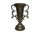 Elegant antique pewter decorative urn vase with ornate scroll handles, a fluted pedestal base, and a distressed metallic finish, ideal for classic, traditional, and luxury interior décor.
