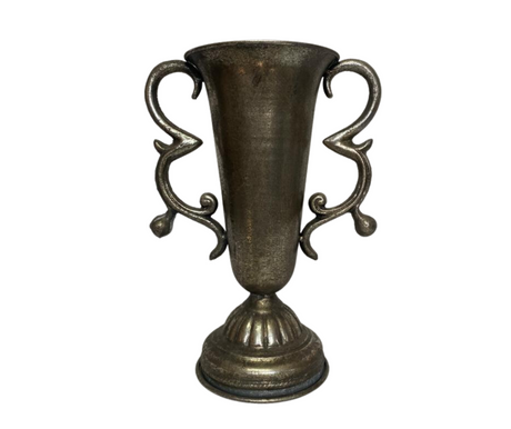 Elegant antique pewter decorative urn vase with ornate scroll handles, a fluted pedestal base, and a distressed metallic finish, ideal for classic, traditional, and luxury interior décor.
