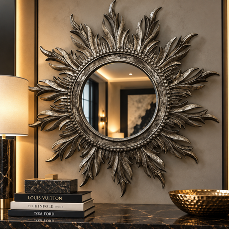 A decorative sunburst wall mirror with an ornate metallic frame, displayed on a dark marble console table in a styled interior setting with a lamp, books, and a gold bowl.