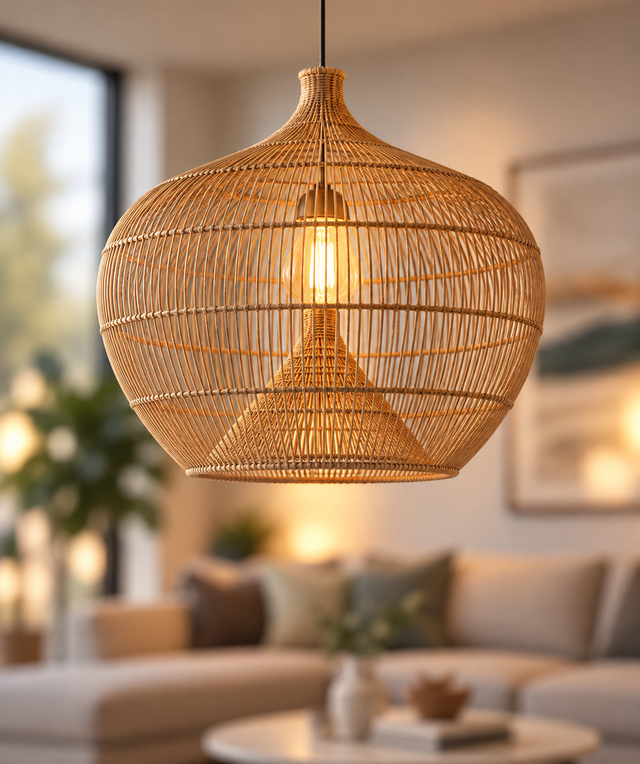 A warm, glowing pendant light with a woven rattan cage shade hanging in a cozy, softly blurred living room setting.