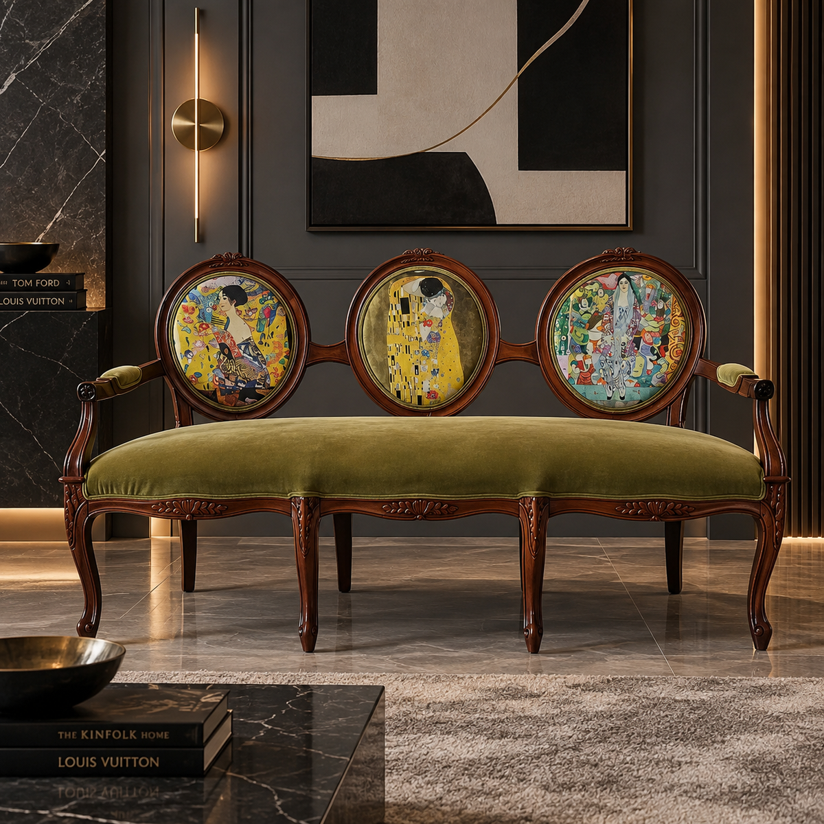 An ornate three-seat bench with carved dark wood legs and arms, featuring three large oval framed paintings on the backrest and a plush olive-green velvet seat cushion, set in a luxury interior.