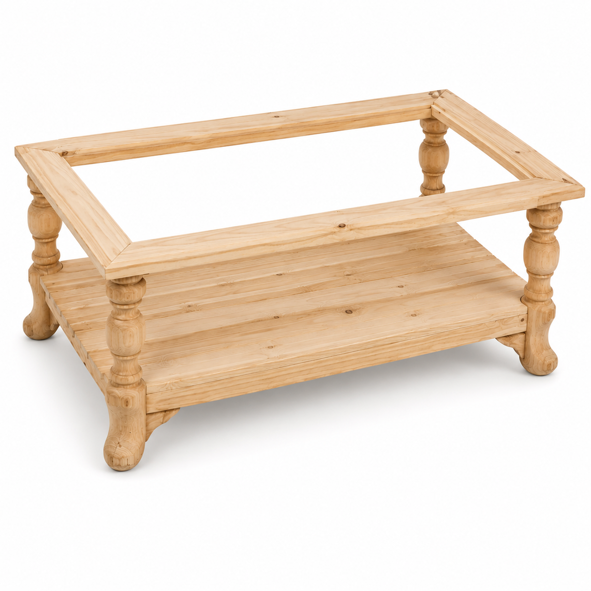 Solid wood coffee table featuring a natural timber finish, turned legs, a spacious lower shelf for storage, and an open top frame designed to accommodate a glass tabletop. A timeless centrepiece for farmhouse, rustic, and traditional living spaces.