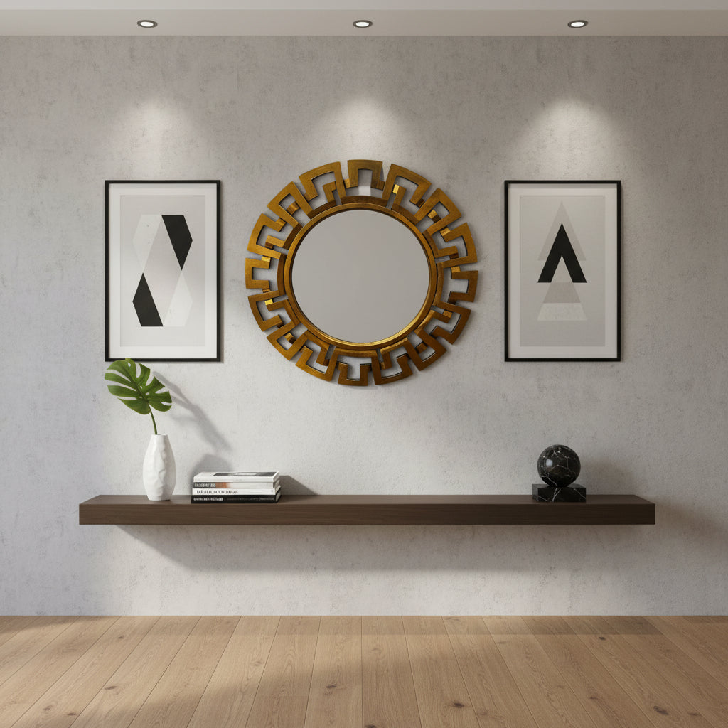 Round brushed gold geometric wall mirror with a bold Greek key-inspired frame, styled between modern framed artwork in a contemporary living room.
