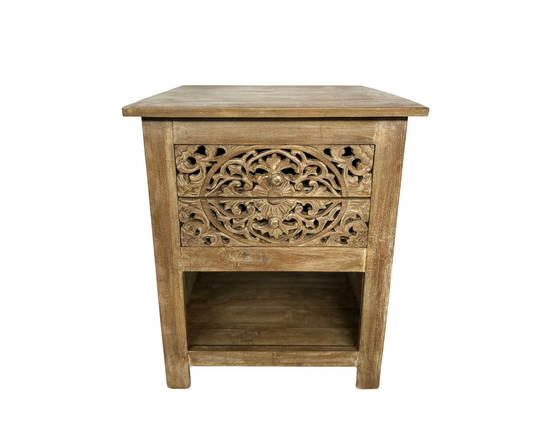 Bedside Table with Carvings Bali | White Wash