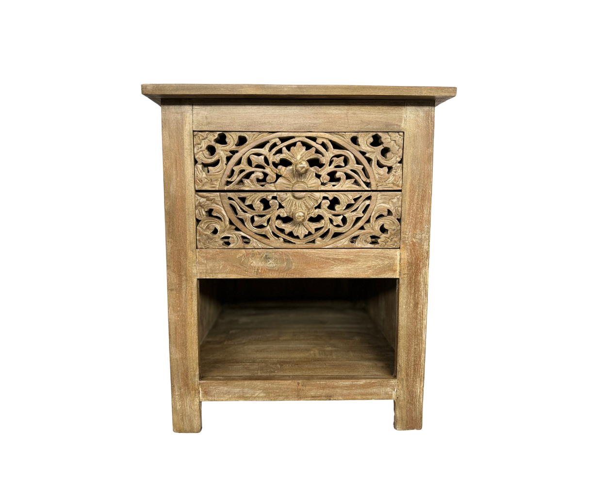 Bedside Table with Carvings Bali | White Wash