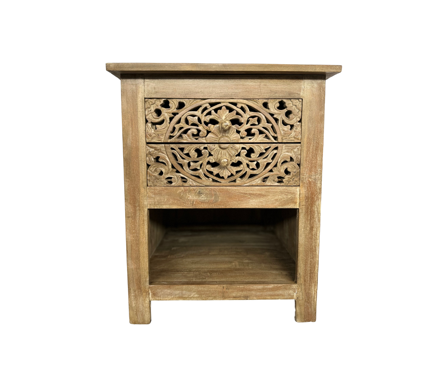 Bedside Table with Carvings Bali | White Wash