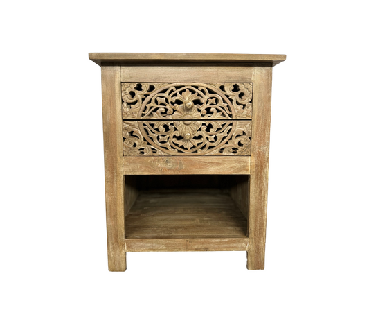 Bedside Table with Carvings Bali | White Wash