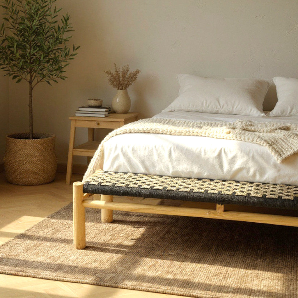 Woven Rattan Bench | Black & Natural, 180cm